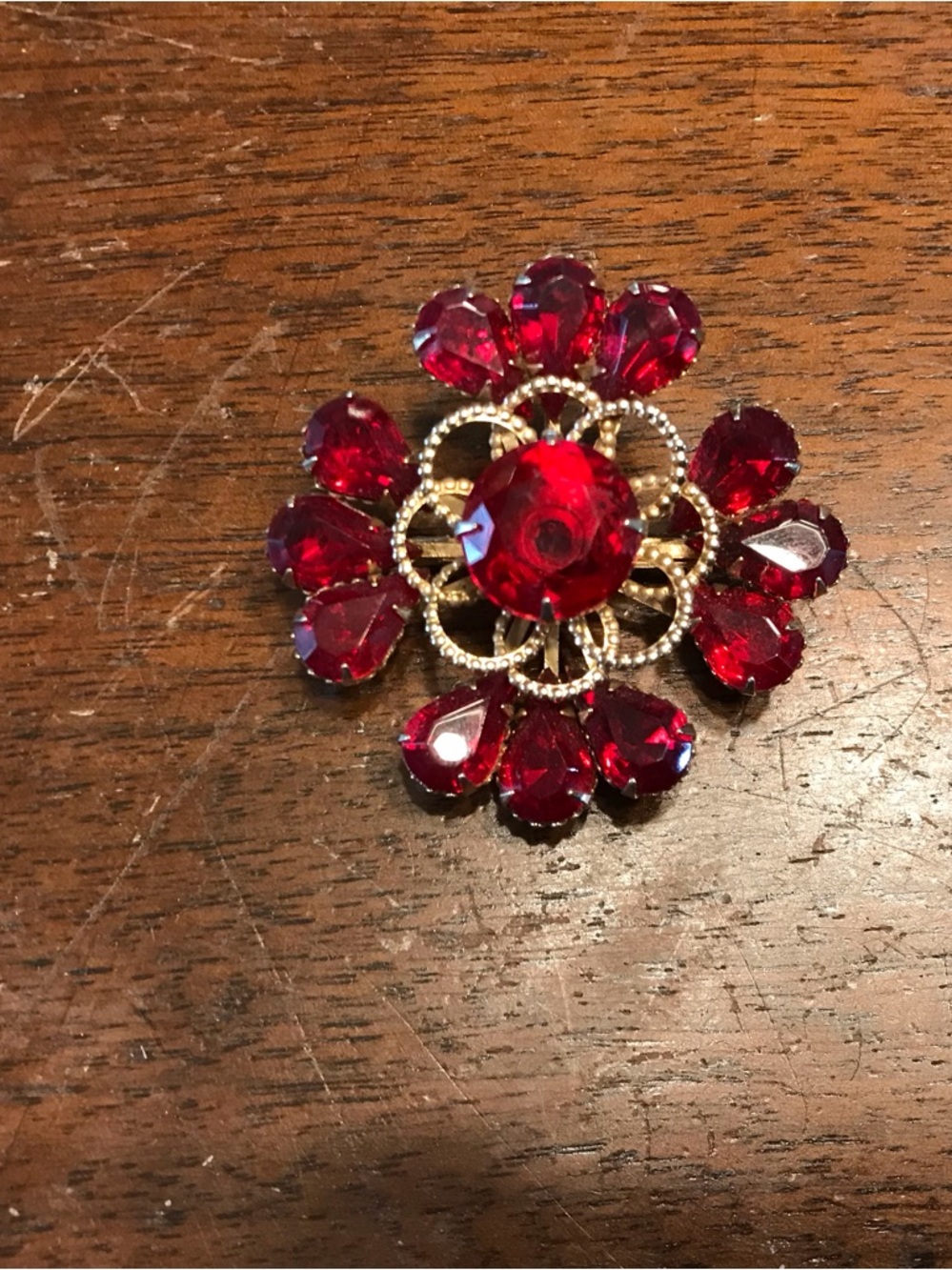 Ruby Red Crystal Flower Prong Set Brooch